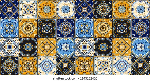 Talavera pattern.  Indian patchwork. Azulejos portugal. Turkish ornament. Moroccan tile mosaic. Ceramic tableware, folk print. Spanish pottery. Ethnic background. Mediterranean seamless  wallpaper.