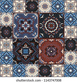 Talavera pattern.  Indian patchwork. Azulejos portugal. Turkish ornament. Moroccan tile mosaic. Ceramic tableware, folk print. Spanish pottery. Ethnic background. Mediterranean seamless  wallpaper.