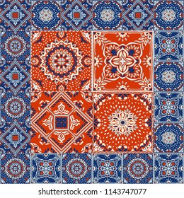 Talavera pattern.  Indian patchwork. Azulejos portugal. Turkish ornament. Moroccan tile mosaic. Ceramic tableware, folk print. Spanish pottery. Ethnic background. Mediterranean seamless  wallpaper.