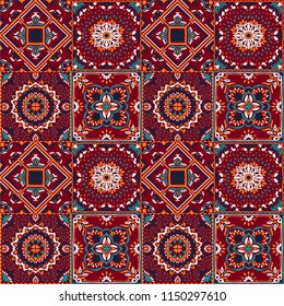 Talavera pattern.  Indian patchwork. Azulejos portugal. Turkish ornament. Moroccan tile mosaic. Ceramic tableware, folk print. Spanish pottery. Ethnic background. Mediterranean seamless  wallpaper.