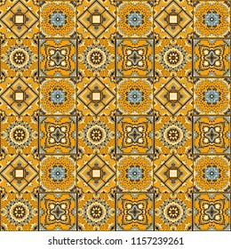 Talavera pattern.  Indian patchwork. Azulejos portugal. Turkish ornament. Moroccan tile mosaic. Ceramic tableware, folk print. Spanish pottery. Ethnic background. Mediterranean seamless  wallpaper.