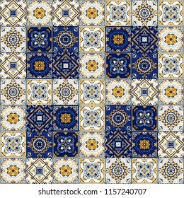 Talavera pattern.  Indian patchwork. Azulejos portugal. Turkish ornament. Moroccan tile mosaic. Ceramic tableware, folk print. Spanish pottery. Ethnic background. Mediterranean seamless  wallpaper.