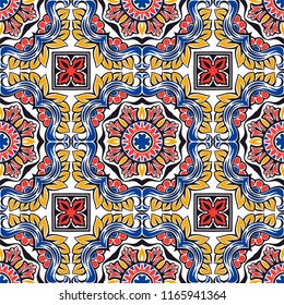 Talavera pattern.  Indian patchwork. Azulejos portugal. Turkish ornament. Moroccan tile mosaic. Ceramic tableware, folk print. Spanish pottery. Ethnic background. Mediterranean seamless  wallpaper.