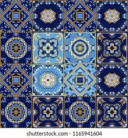 Talavera pattern.  Indian patchwork. Azulejos portugal. Turkish ornament. Moroccan tile mosaic. Ceramic tableware, folk print. Spanish pottery. Ethnic background. Mediterranean seamless  wallpaper.