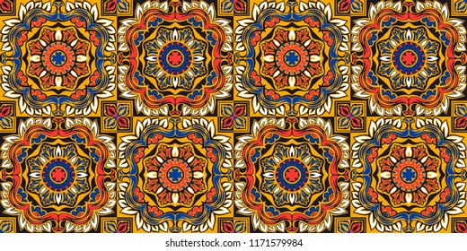 Talavera pattern.  Indian patchwork. Azulejos portugal. Turkish ornament. Moroccan tile mosaic. Ceramic tableware, folk print. Spanish pottery. Ethnic background. Mediterranean seamless  wallpaper.