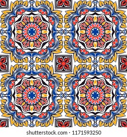 Talavera pattern.  Indian patchwork. Azulejos portugal. Turkish ornament. Moroccan tile mosaic. Ceramic tableware, folk print. Spanish pottery. Ethnic background. Mediterranean seamless  wallpaper.