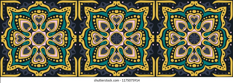 Talavera pattern.  Indian patchwork. Azulejos portugal. Turkish ornament. Moroccan tile mosaic. Ceramic tableware, folk print. Spanish pottery. Ethnic background. Mediterranean seamless  wallpaper.