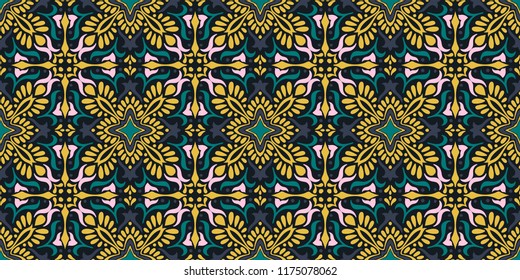 Talavera pattern.  Indian patchwork. Azulejos portugal. Turkish ornament. Moroccan tile mosaic. Ceramic tableware, folk print. Spanish pottery. Ethnic background. Mediterranean seamless  wallpaper.