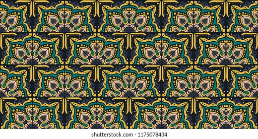 Talavera pattern.  Indian patchwork. Azulejos portugal. Turkish ornament. Moroccan tile mosaic. Ceramic tableware, folk print. Spanish pottery. Ethnic background. Mediterranean seamless  wallpaper.