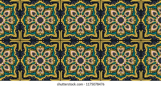 Talavera pattern.  Indian patchwork. Azulejos portugal. Turkish ornament. Moroccan tile mosaic. Ceramic tableware, folk print. Spanish pottery. Ethnic background. Mediterranean seamless  wallpaper.