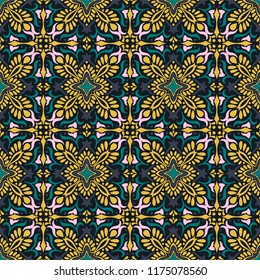 Talavera pattern.  Indian patchwork. Azulejos portugal. Turkish ornament. Moroccan tile mosaic. Ceramic tableware, folk print. Spanish pottery. Ethnic background. Mediterranean seamless  wallpaper.