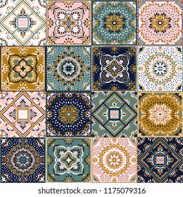 Talavera pattern.  Indian patchwork. Azulejos portugal. Turkish ornament. Moroccan tile mosaic. Ceramic tableware, folk print. Spanish pottery. Ethnic background. Mediterranean seamless  wallpaper.
