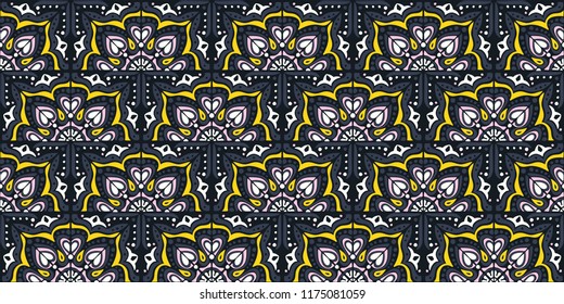 Talavera pattern.  Indian patchwork. Azulejos portugal. Turkish ornament. Moroccan tile mosaic. Ceramic tableware, folk print. Spanish pottery. Ethnic background. Mediterranean seamless  wallpaper.