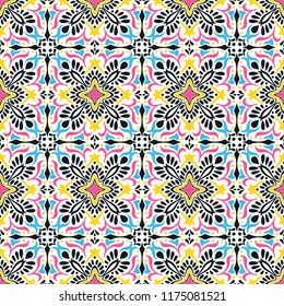 Talavera pattern.  Indian patchwork. Azulejos portugal. Turkish ornament. Moroccan tile mosaic. Ceramic tableware, folk print. Spanish pottery. Ethnic background. Mediterranean seamless  wallpaper.