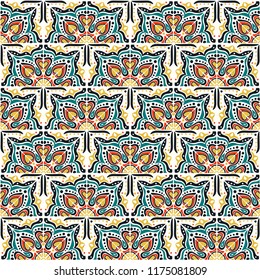 Talavera pattern.  Indian patchwork. Azulejos portugal. Turkish ornament. Moroccan tile mosaic. Ceramic tableware, folk print. Spanish pottery. Ethnic background. Mediterranean seamless  wallpaper.