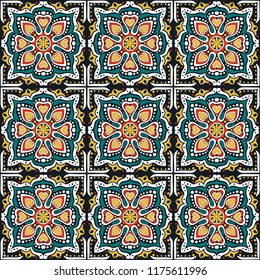 Talavera pattern.  Indian patchwork. Azulejos portugal. Turkish ornament. Moroccan tile mosaic. Ceramic tableware, folk print. Spanish pottery. Ethnic background. Mediterranean seamless  wallpaper.