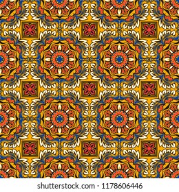 Talavera pattern.  Indian patchwork. Azulejos portugal. Turkish ornament. Moroccan tile mosaic. Ceramic tableware, folk print. Spanish pottery. Ethnic background. Mediterranean seamless  wallpaper.