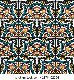 Talavera pattern.  Indian patchwork. Azulejos portugal. Turkish ornament. Moroccan tile mosaic. Ceramic tableware, folk print. Spanish pottery. Ethnic background. Mediterranean seamless  wallpaper.