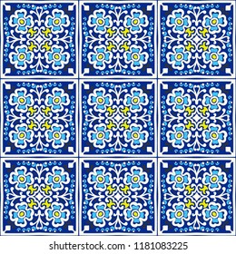 Talavera pattern.  Indian patchwork. Azulejos portugal. Turkish ornament. Moroccan tile mosaic. Ceramic tableware, folk print. Spanish pottery. Ethnic background. Mediterranean seamless  wallpaper.
