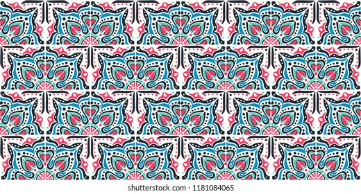 Talavera pattern.  Indian patchwork. Azulejos portugal. Turkish ornament. Moroccan tile mosaic. Ceramic tableware, folk print. Spanish pottery. Ethnic background. Mediterranean seamless  wallpaper.