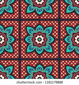 Talavera pattern.  Indian patchwork. Azulejos portugal. Turkish ornament. Moroccan tile mosaic. Ceramic tableware, folk print. Spanish pottery. Ethnic background. Mediterranean seamless  wallpaper.