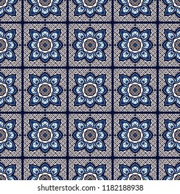 Talavera pattern.  Indian patchwork. Azulejos portugal. Turkish ornament. Moroccan tile mosaic. Ceramic tableware, folk print. Spanish pottery. Ethnic background. Mediterranean seamless  wallpaper.