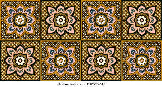 Talavera pattern.  Indian patchwork. Azulejos portugal. Turkish ornament. Moroccan tile mosaic. Ceramic tableware, folk print. Spanish pottery. Ethnic background. Mediterranean seamless  wallpaper.