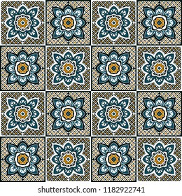 Talavera pattern.  Indian patchwork. Azulejos portugal. Turkish ornament. Moroccan tile mosaic. Ceramic tableware, folk print. Spanish pottery. Ethnic background. Mediterranean seamless  wallpaper.