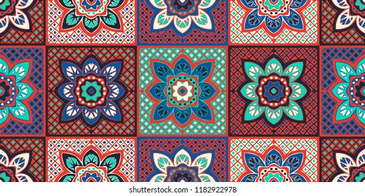 Talavera pattern.  Indian patchwork. Azulejos portugal. Turkish ornament. Moroccan tile mosaic. Ceramic tableware, folk print. Spanish pottery. Ethnic background. Mediterranean seamless  wallpaper.