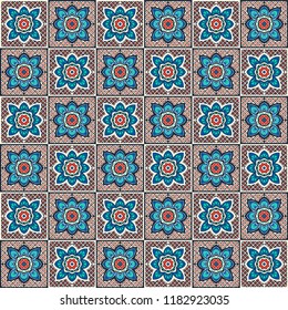 Talavera pattern.  Indian patchwork. Azulejos portugal. Turkish ornament. Moroccan tile mosaic. Ceramic tableware, folk print. Spanish pottery. Ethnic background. Mediterranean seamless  wallpaper.
