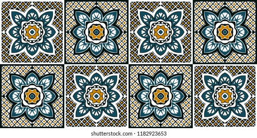 Talavera pattern.  Indian patchwork. Azulejos portugal. Turkish ornament. Moroccan tile mosaic. Ceramic tableware, folk print. Spanish pottery. Ethnic background. Mediterranean seamless  wallpaper.
