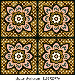 Talavera pattern.  Indian patchwork. Azulejos portugal. Turkish ornament. Moroccan tile mosaic. Ceramic tableware, folk print. Spanish pottery. Ethnic background. Mediterranean seamless  wallpaper.