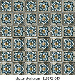 Talavera pattern.  Indian patchwork. Azulejos portugal. Turkish ornament. Moroccan tile mosaic. Ceramic tableware, folk print. Spanish pottery. Ethnic background. Mediterranean seamless  wallpaper.