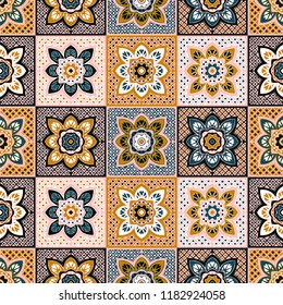 Talavera pattern.  Indian patchwork. Azulejos portugal. Turkish ornament. Moroccan tile mosaic. Ceramic tableware, folk print. Spanish pottery. Ethnic background. Mediterranean seamless  wallpaper.