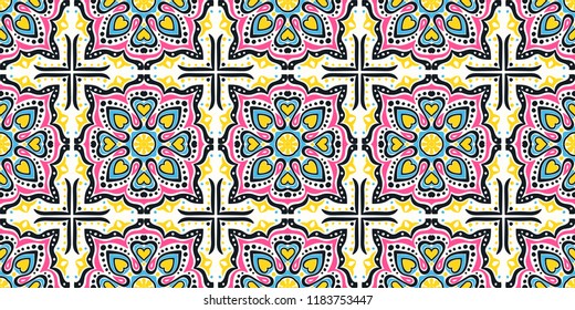 Talavera pattern.  Indian patchwork. Azulejos portugal. Turkish ornament. Moroccan tile mosaic. Ceramic tableware, folk print. Spanish pottery. Ethnic background. Mediterranean seamless  wallpaper.