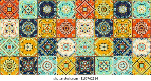 Talavera pattern.  Indian patchwork. Azulejos portugal. Turkish ornament. Moroccan tile mosaic. Ceramic tableware, folk print. Spanish pottery. Ethnic background. Mediterranean seamless  wallpaper.