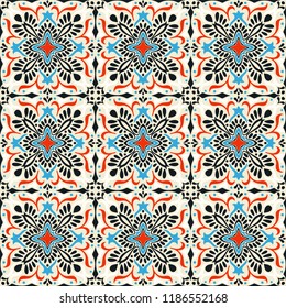 Talavera pattern.  Indian patchwork. Azulejos portugal. Turkish ornament. Moroccan tile mosaic. Ceramic tableware, folk print. Spanish pottery. Ethnic background. Mediterranean seamless  wallpaper.