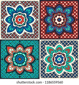 Talavera pattern.  Indian patchwork. Azulejos portugal. Turkish ornament. Moroccan tile mosaic. Ceramic tableware, folk print. Spanish pottery. Ethnic background. Mediterranean seamless  wallpaper.