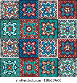 Talavera pattern.  Indian patchwork. Azulejos portugal. Turkish ornament. Moroccan tile mosaic. Ceramic tableware, folk print. Spanish pottery. Ethnic background. Mediterranean seamless  wallpaper.