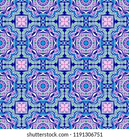 Talavera pattern.  Indian patchwork. Azulejos portugal. Turkish ornament. Moroccan tile mosaic. Ceramic tableware, folk print. Spanish pottery. Ethnic background. Mediterranean seamless  wallpaper.