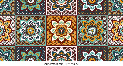 Talavera pattern.  Indian patchwork. Azulejos portugal. Turkish ornament. Moroccan tile mosaic. Ceramic tableware, folk print. Spanish pottery. Ethnic background. Mediterranean seamless  wallpaper.
