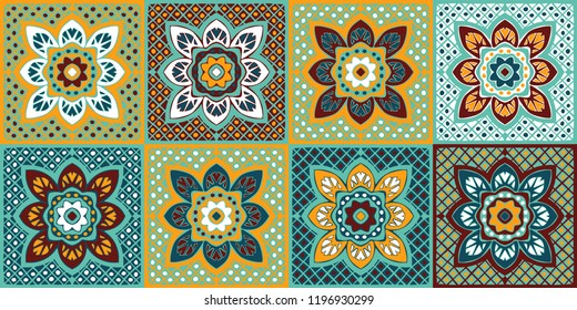 Talavera pattern.  Indian patchwork. Azulejos portugal. Turkish ornament. Moroccan tile mosaic. Ceramic tableware, folk print. Spanish pottery. Ethnic background. Mediterranean seamless  wallpaper.