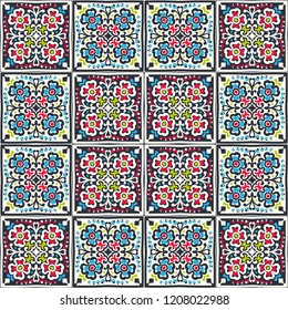 Talavera pattern.  Indian patchwork. Azulejos portugal. Turkish ornament. Moroccan tile mosaic. Ceramic tableware, folk print. Spanish pottery. Ethnic background. Mediterranean seamless  wallpaper.