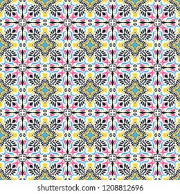Talavera pattern.  Indian patchwork. Azulejos portugal. Turkish ornament. Moroccan tile mosaic. Ceramic tableware, folk print. Spanish pottery. Ethnic background. Mediterranean seamless  wallpaper.