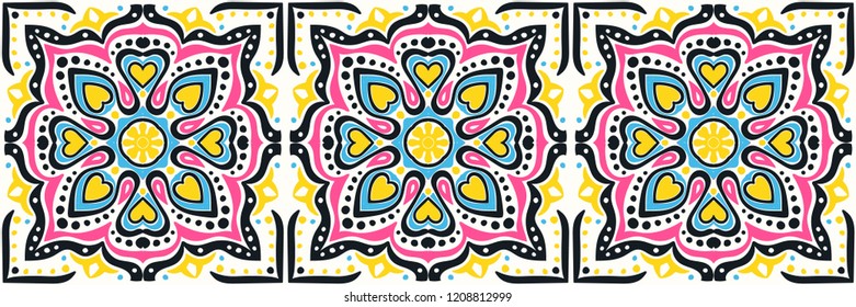 Talavera pattern.  Indian patchwork. Azulejos portugal. Turkish ornament. Moroccan tile mosaic. Ceramic tableware, folk print. Spanish pottery. Ethnic background. Mediterranean seamless  wallpaper.