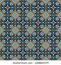Talavera pattern.  Indian patchwork. Azulejos portugal. Turkish ornament. Moroccan tile mosaic. Ceramic tableware, folk print. Spanish pottery. Ethnic background. Mediterranean seamless  wallpaper.