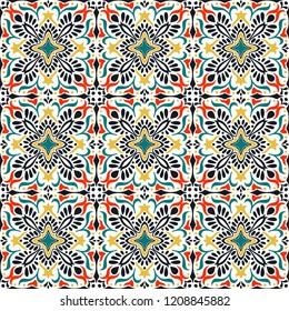 Talavera pattern.  Indian patchwork. Azulejos portugal. Turkish ornament. Moroccan tile mosaic. Ceramic tableware, folk print. Spanish pottery. Ethnic background. Mediterranean seamless  wallpaper.