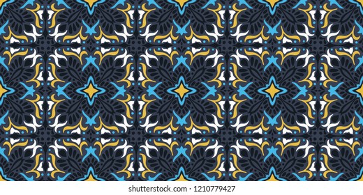 Talavera pattern.  Indian patchwork. Azulejos portugal. Turkish ornament. Moroccan tile mosaic. Ceramic tableware, folk print. Spanish pottery. Ethnic background. Mediterranean seamless  wallpaper.