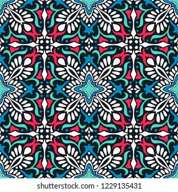 Talavera pattern. Indian patchwork. Azulejos portugal. Turkish ornament. Moroccan tile mosaic. Ceramic tableware, folk print. Spanish pottery. Ethnic background. Mediterranean seamless wallpaper.
