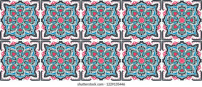 Talavera pattern. Indian patchwork. Azulejos portugal. Turkish ornament. Moroccan tile mosaic. Ceramic tableware, folk print. Spanish pottery. Ethnic background. Mediterranean seamless wallpaper.